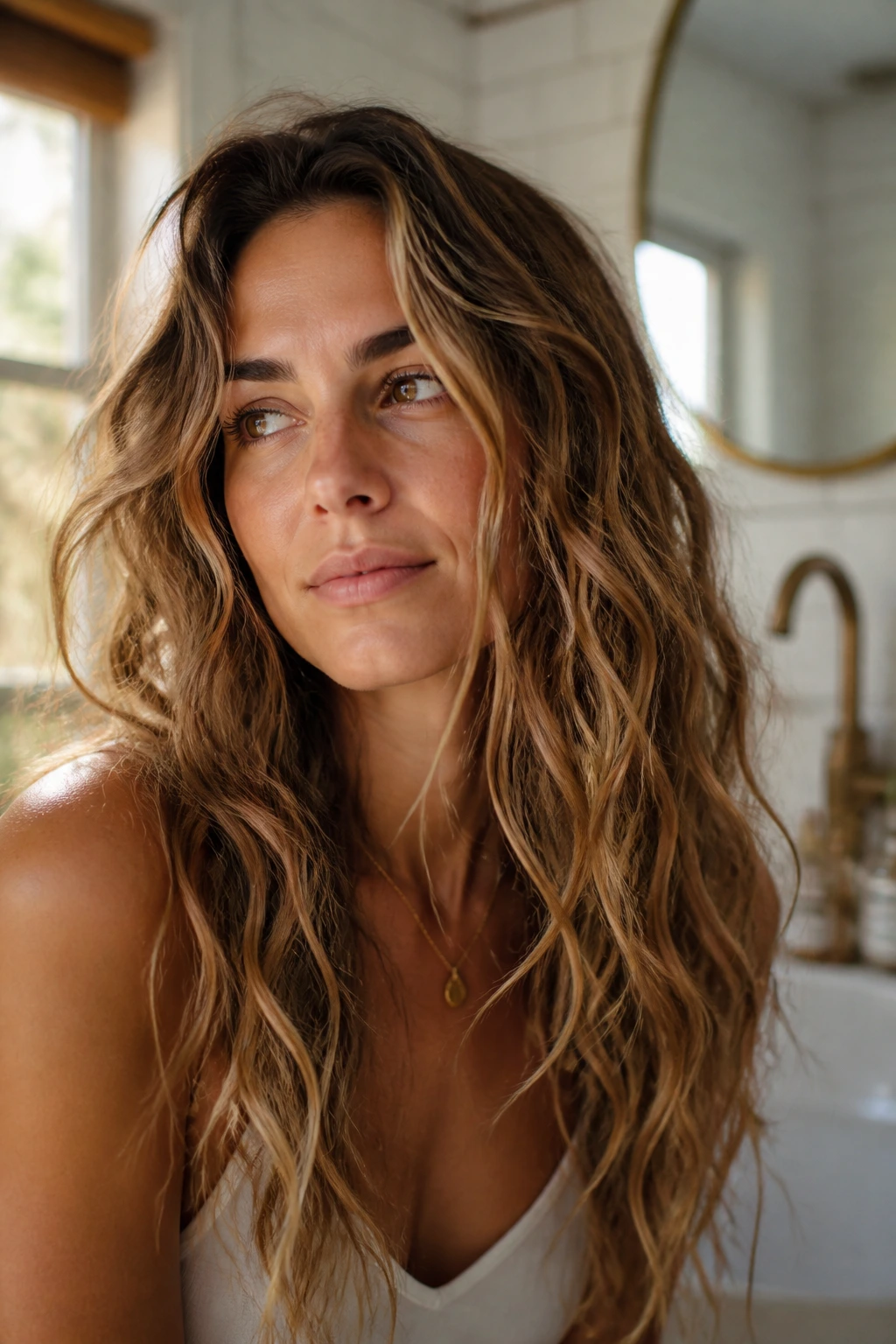 Close-up of a real woman with natural wavy hair in a beach wave styling moment