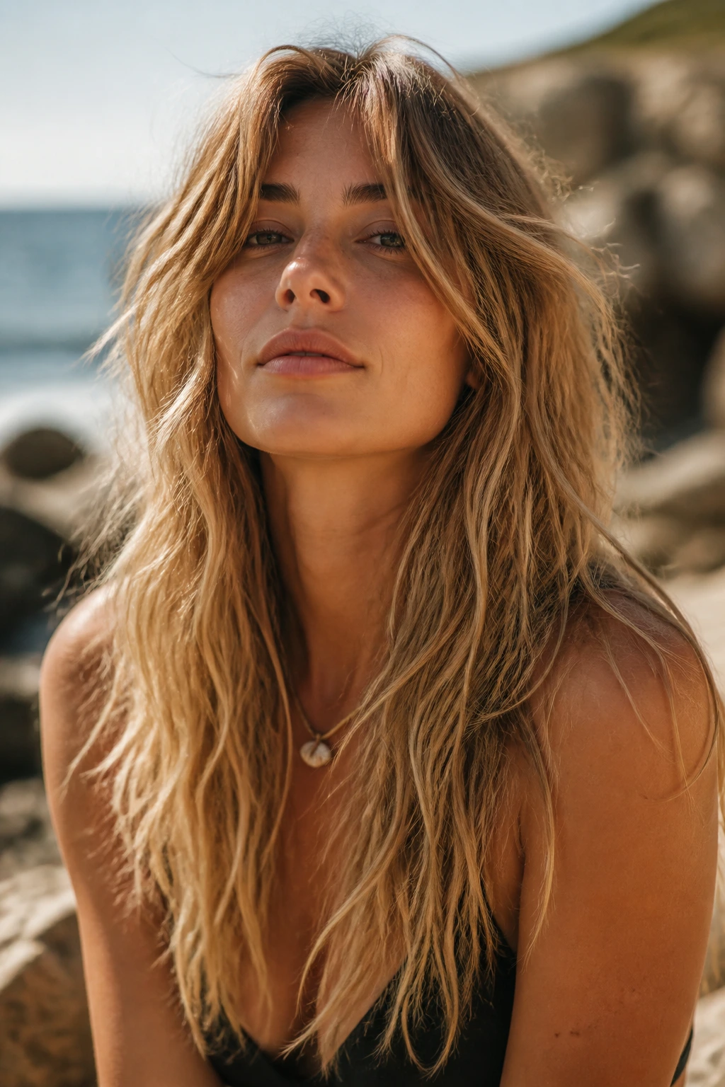 Portrait of a real woman with long, airy beachy air-dried shag in natural sunlight.