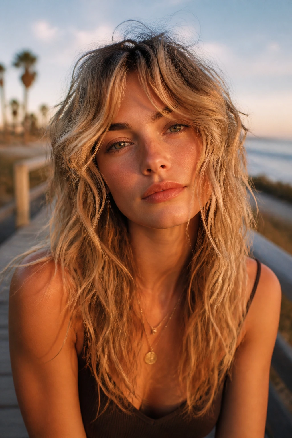 Close-up portrait of a real woman with Beachy Air-Dry Shag hairstyle