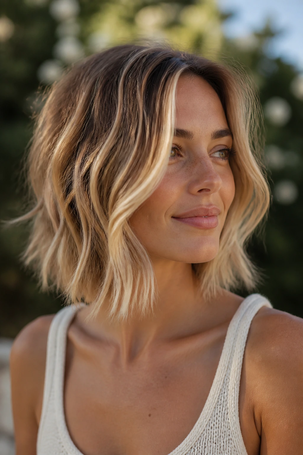 Close-up portrait of a real woman with beachy babylight lob and loose waves