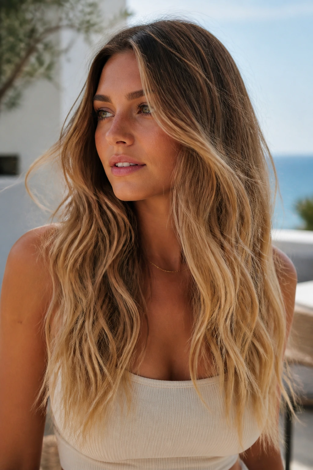 Close-up of a real woman with beachy beige ombre and waves