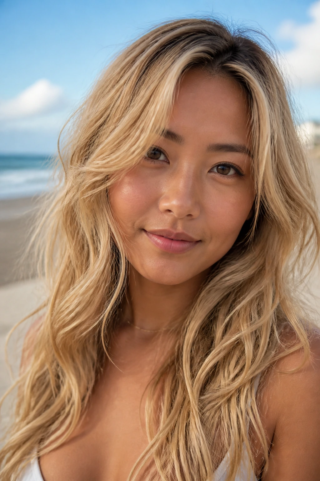 Close-up of a real woman with golden pearl beachy blonde waves outdoors.
