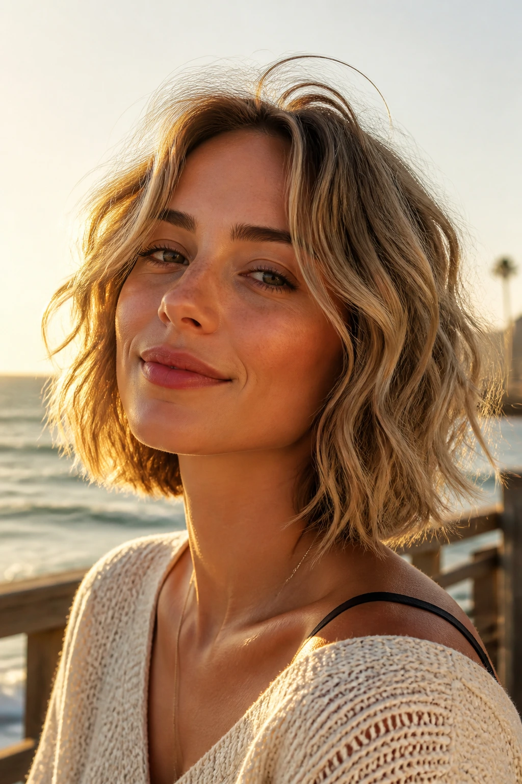 Portrait of a real woman with a beachy bob hairstyle and subtle waves in golden hour light by the sea.