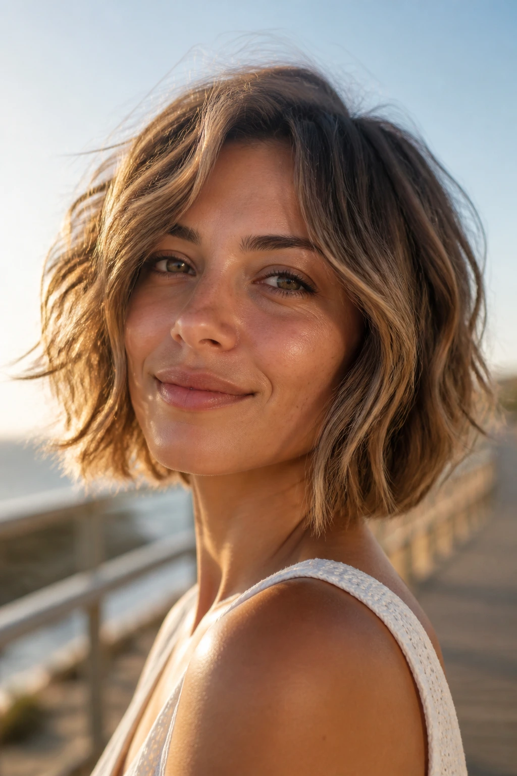 Tousled beachy bob with soft bends on a real person