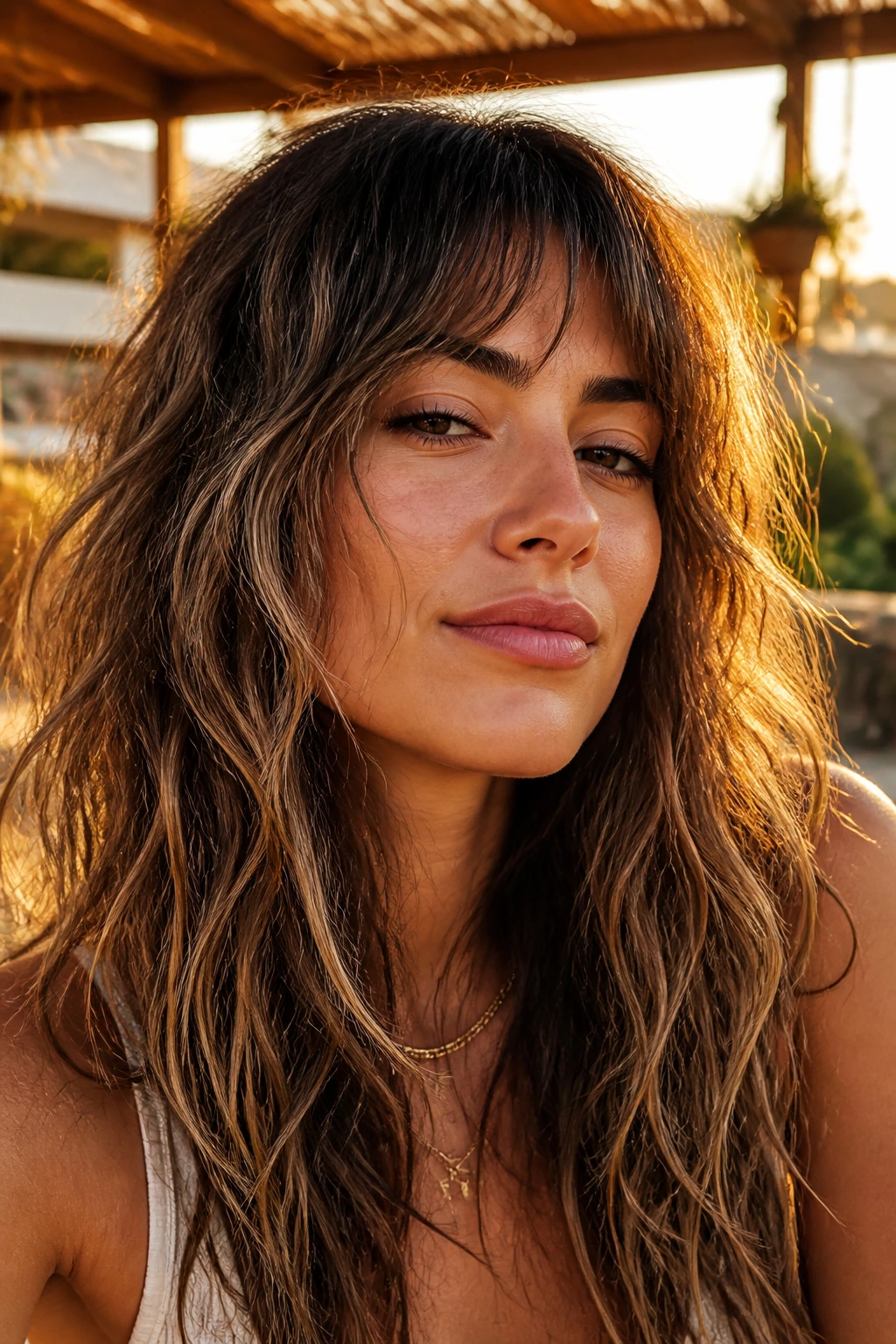 Portrait of a real person with beachy boho shag and grown-out bangs
