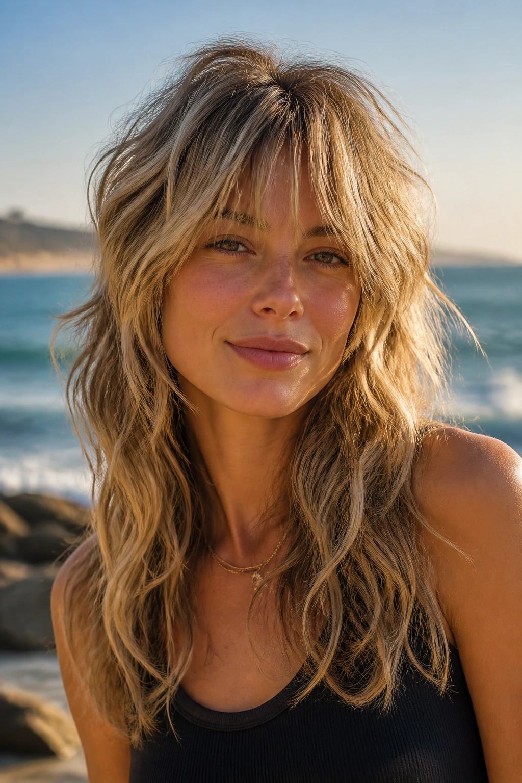 Portrait of a real woman with beachy choppy shag crown removal