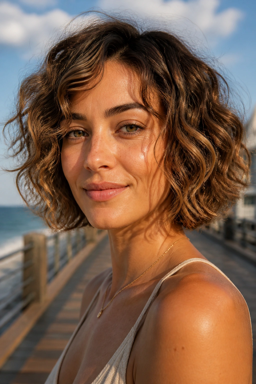 Portrait of a woman with a beachy curly bob and airy ends at a seaside boardwalk in sunlight.