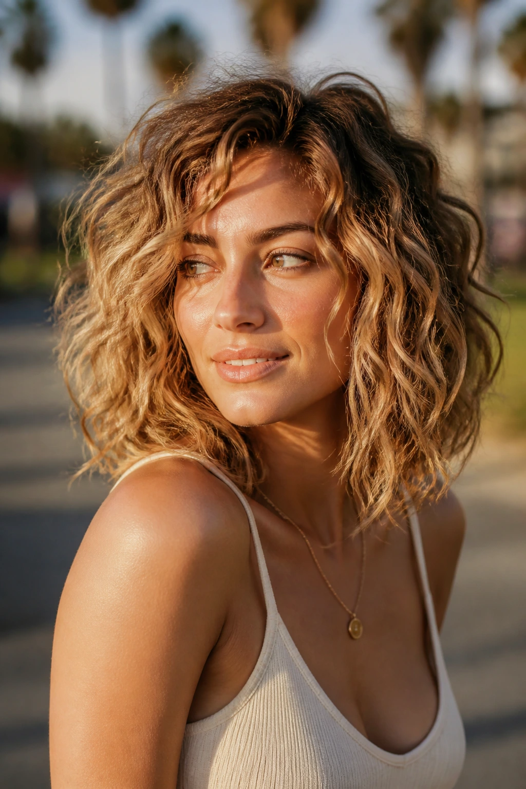 Portrait of a woman with tousled beachy curly lob outdoors in sunlight