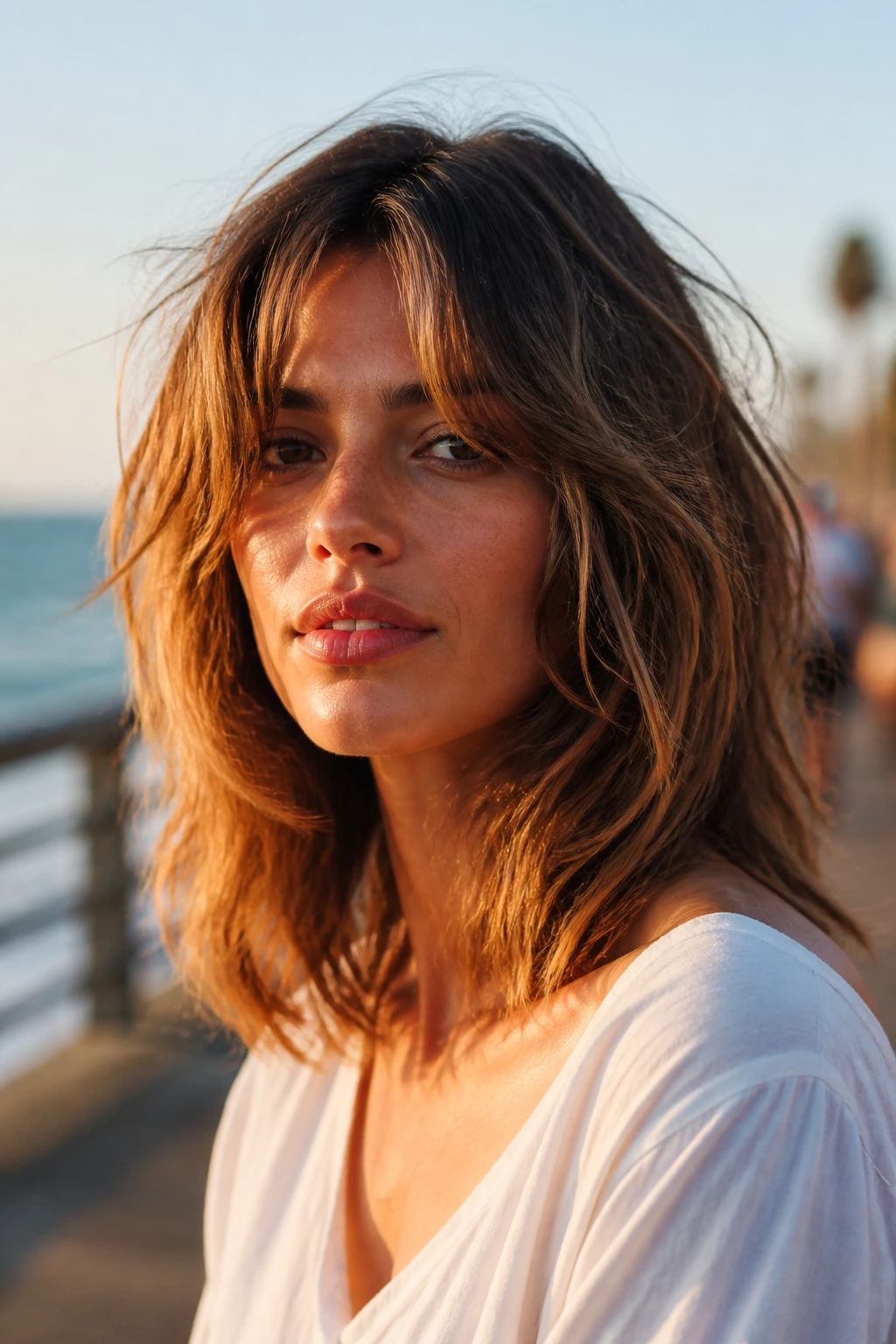 Portrait of a real woman with beachy curtain bangs in golden hour light