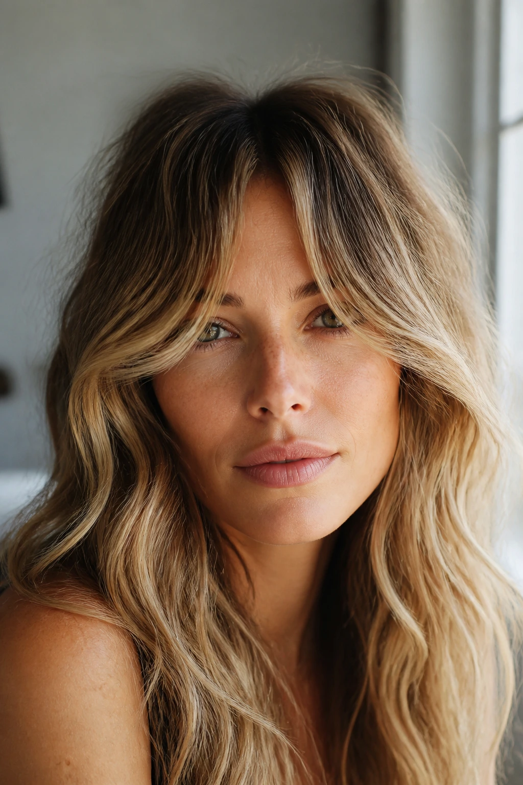 Close-up of a real person with beachy curtain bangs and a soft bend in the fringe