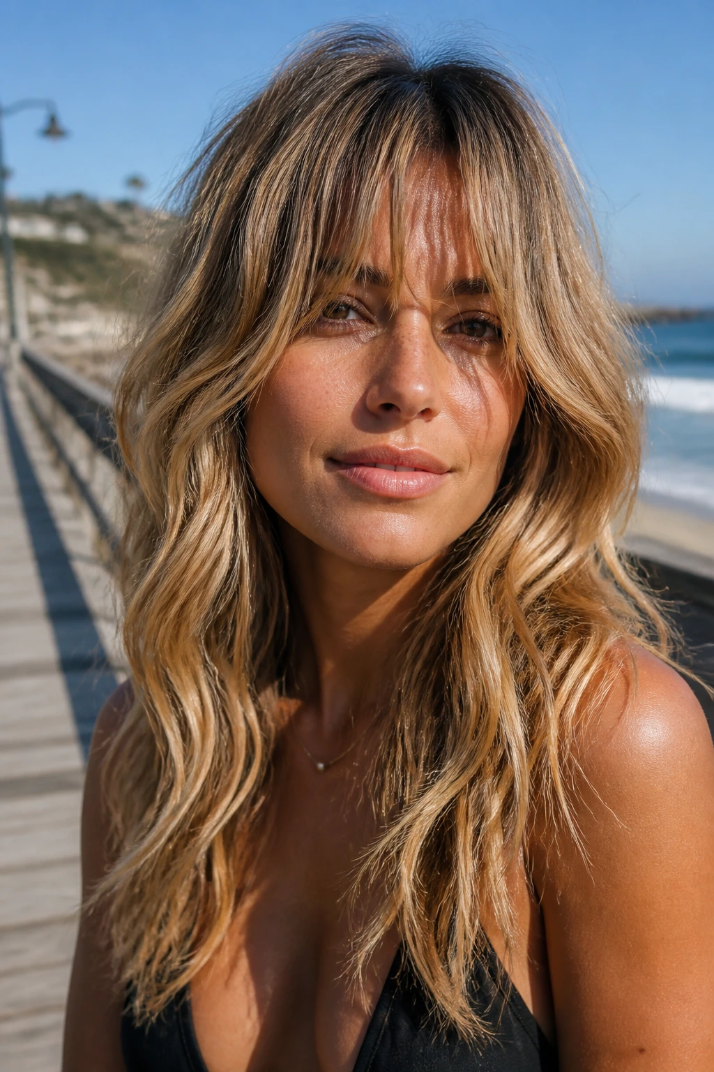 Woman with beachy fringe on a sunny boardwalk