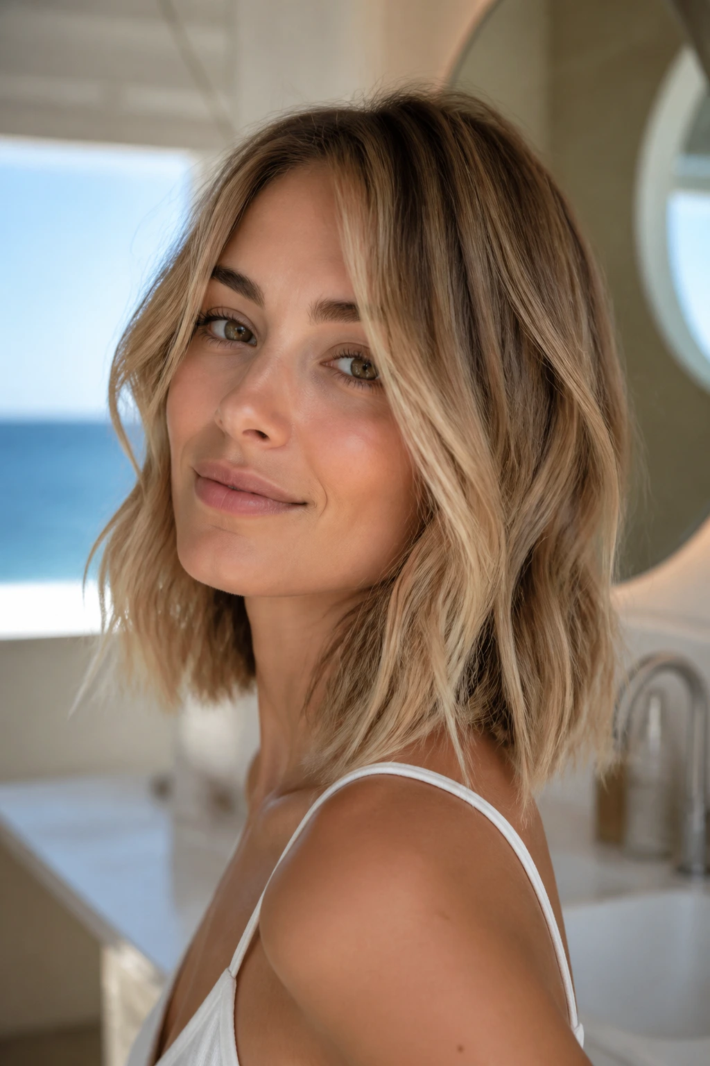 Close-up portrait of a real woman with a beachy piecey lob and textured ends