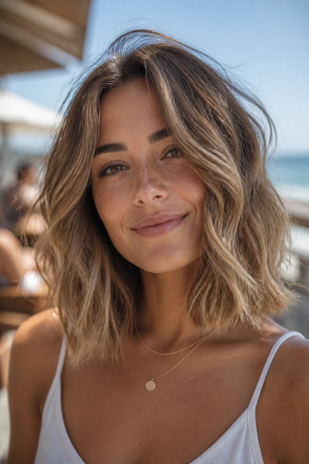Close-up portrait of a real woman with beachy lob waves in bright sunlight by the ocean