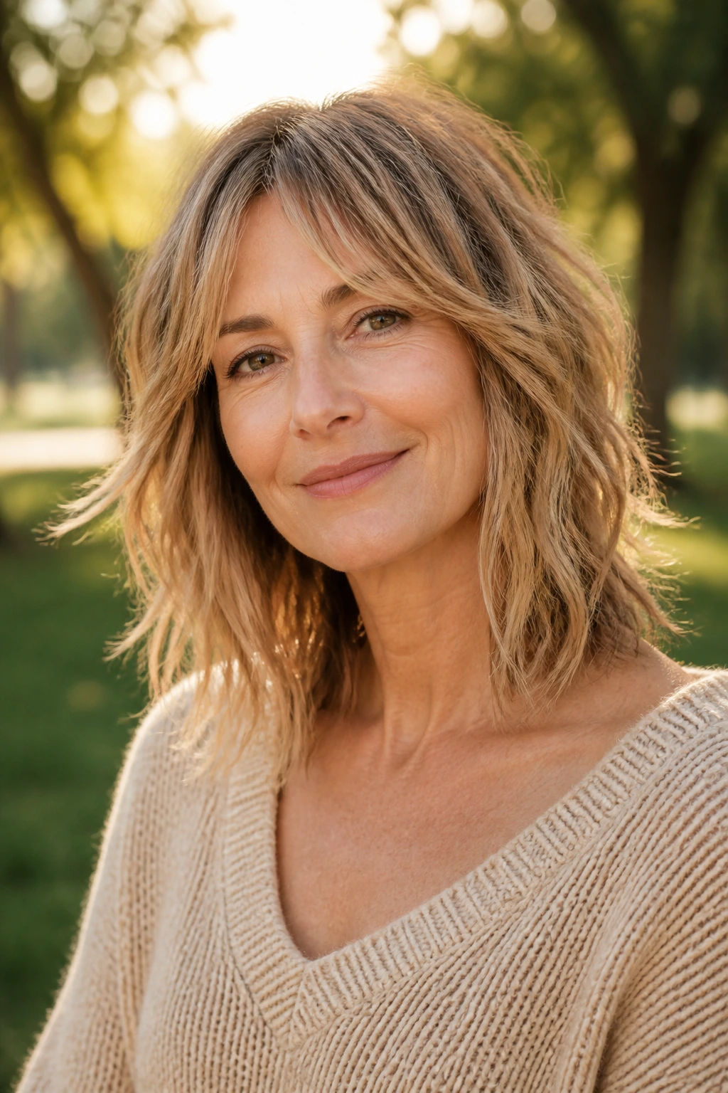 Portrait of a real woman with a beachy lob shag in soft caramel blonde.