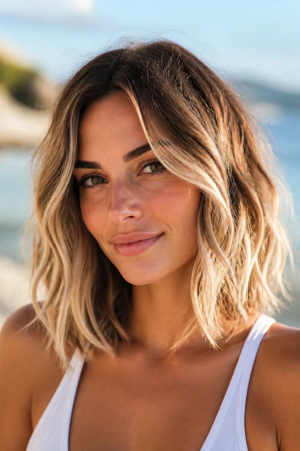 Portrait of a woman with beachy lob waves outdoors by the sea