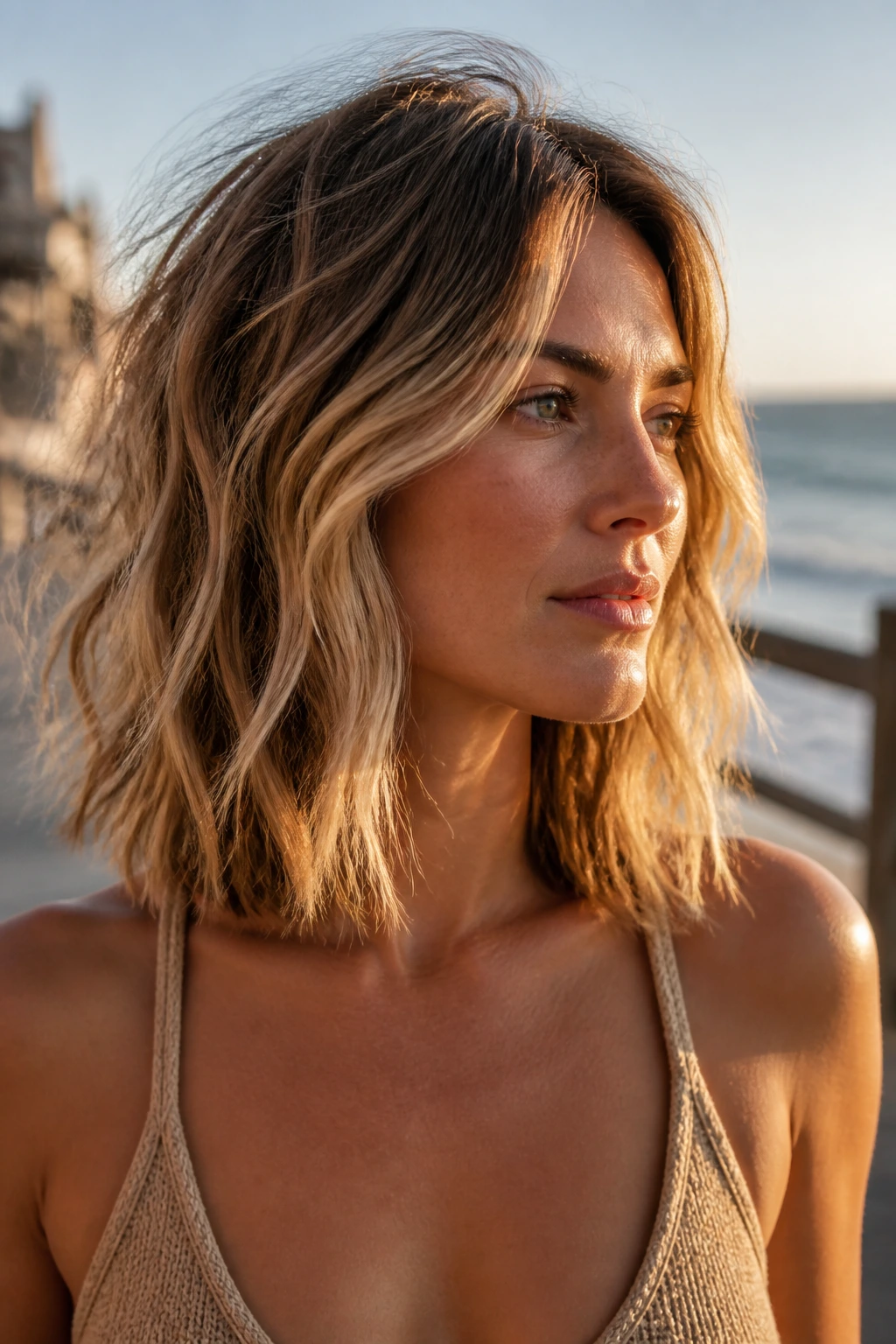 Close-up of a real woman's beachy salt-spray lob with loose waves and piecey ends on a sunlit boardwalk