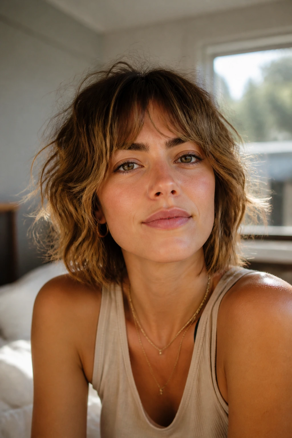 Close-up portrait of a real woman with a beachy mini shag and grown-out bangs in warm window light