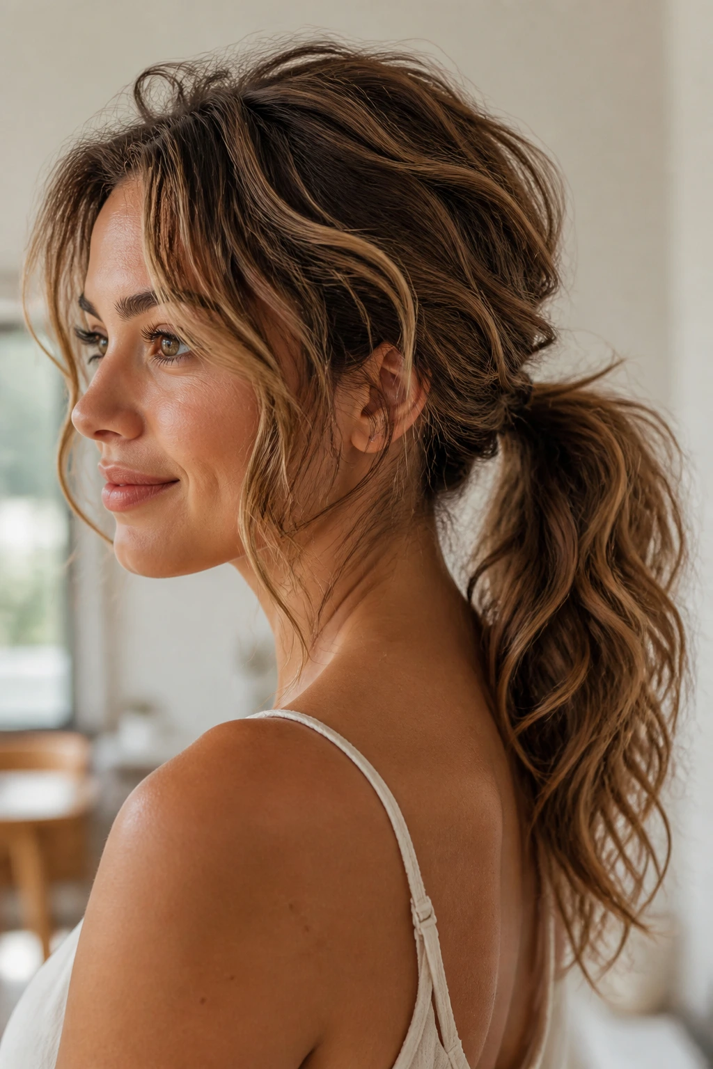Close-up of a real woman with a loose undone ponytail and waves around the ears.