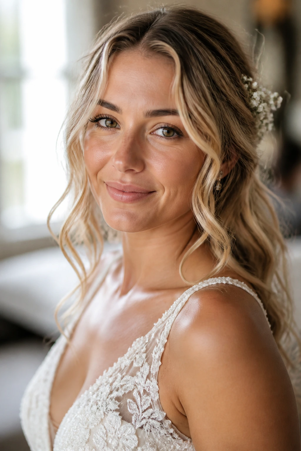 Close-up portrait of a real bride with natural beachy waves
