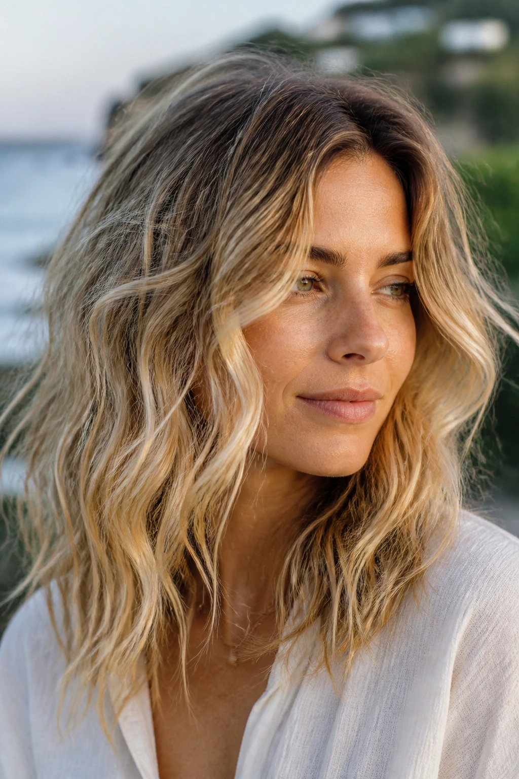 Close-up of a real person with beachy waves and diffused roots outdoors.