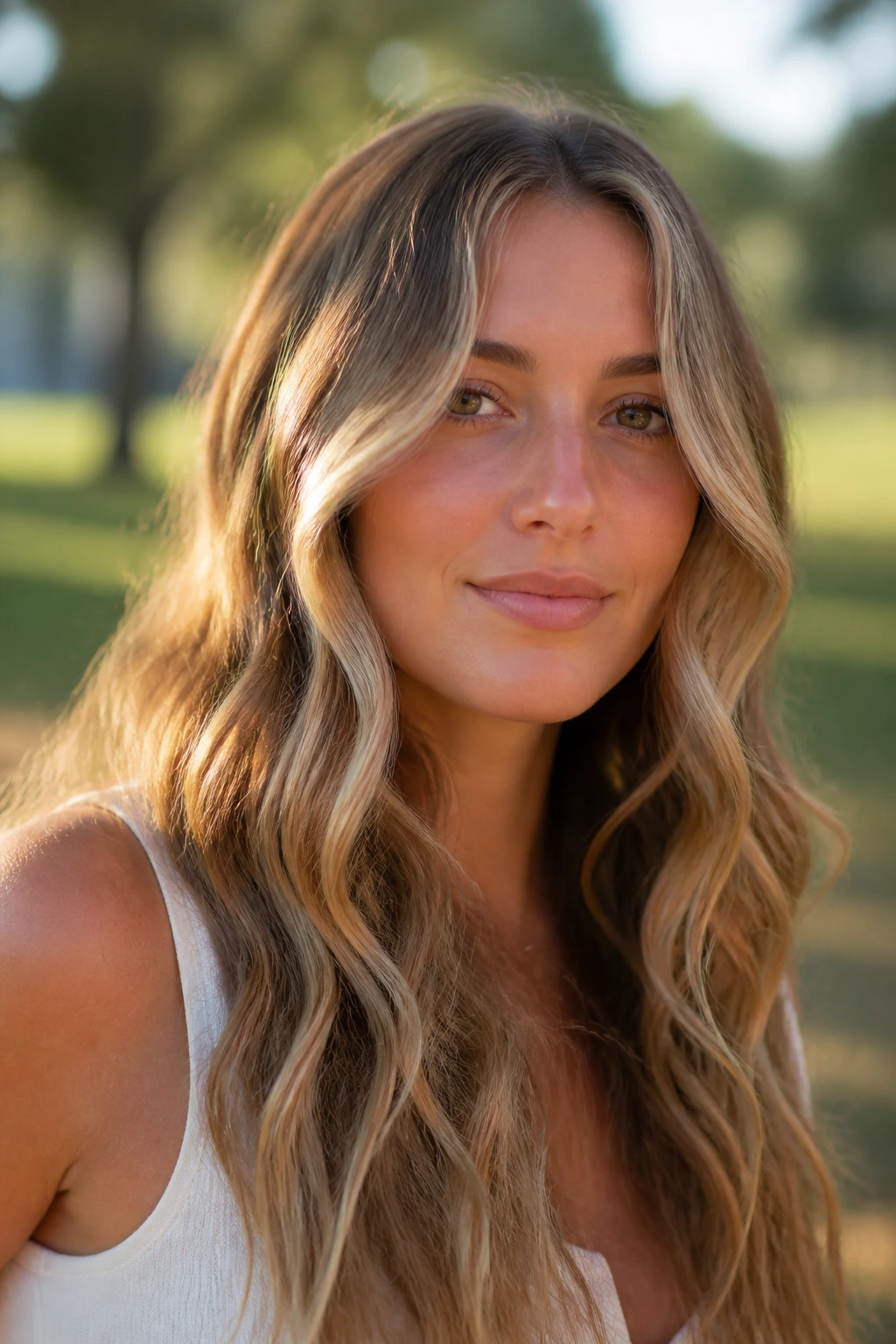 Real woman with center-parted beachy waves framing the face outdoors