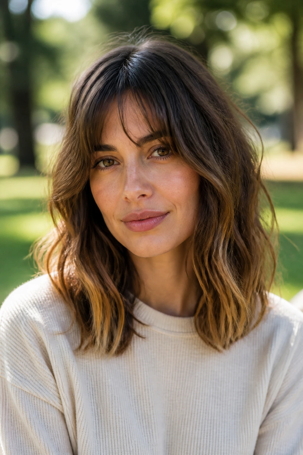 Portrait of beachy midlength waves with grown-out fringe outdoors