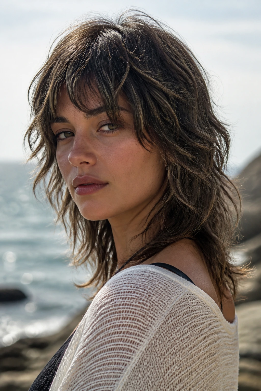 Close-up portrait of a real person with beachy wave shoulder-length mullet in sunlit seaside setting