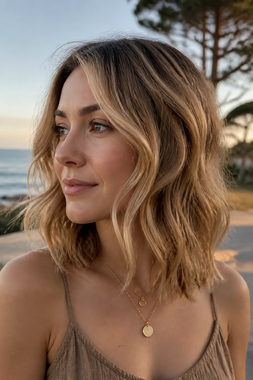 Real woman with Beachy S-Layer Cut, shoulder-length waves forming a soft S shape outdoors at golden hour