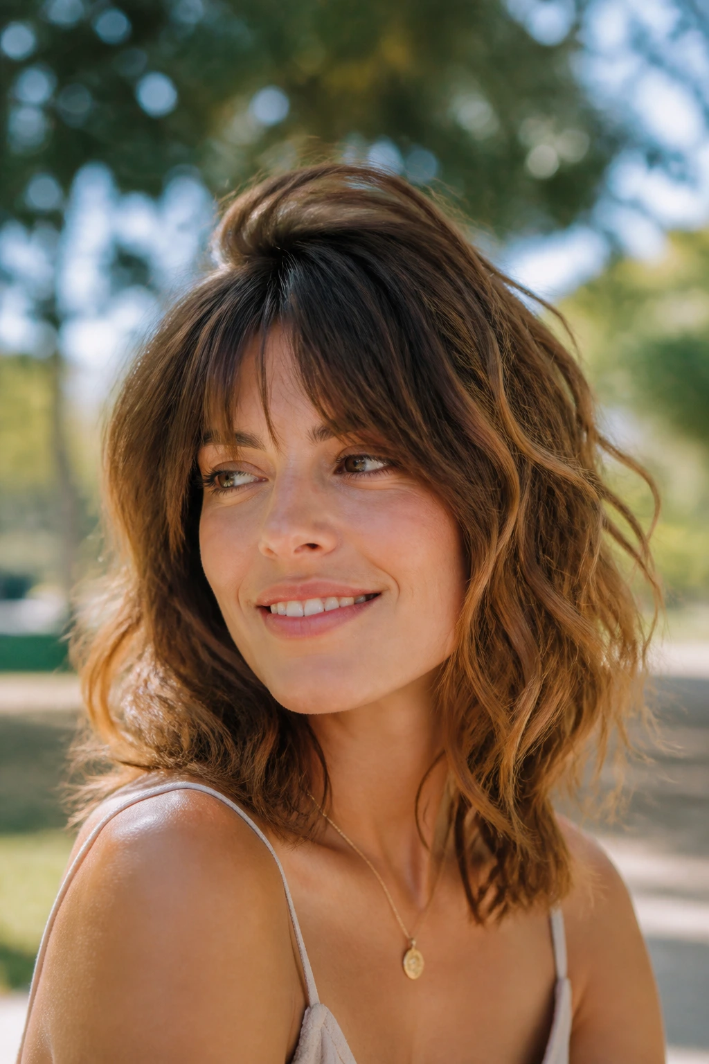 Portrait of a real woman with beachy wavy shag hairstyle in a sunny park.