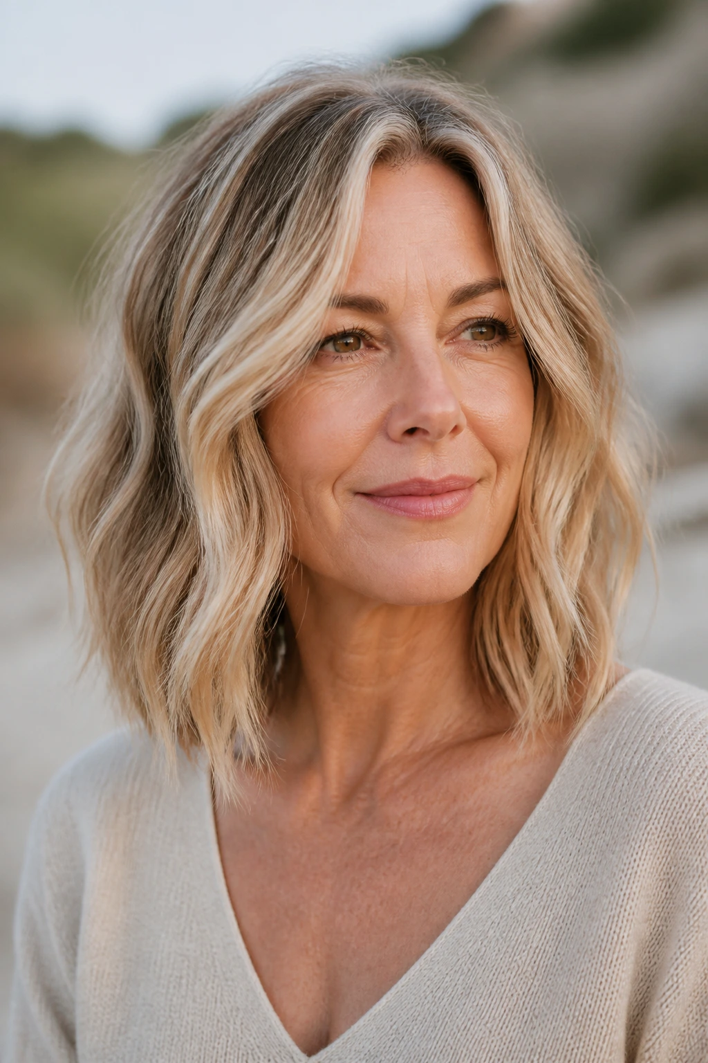 Portrait of a real woman with beachy wavy lob in outdoor sunlight