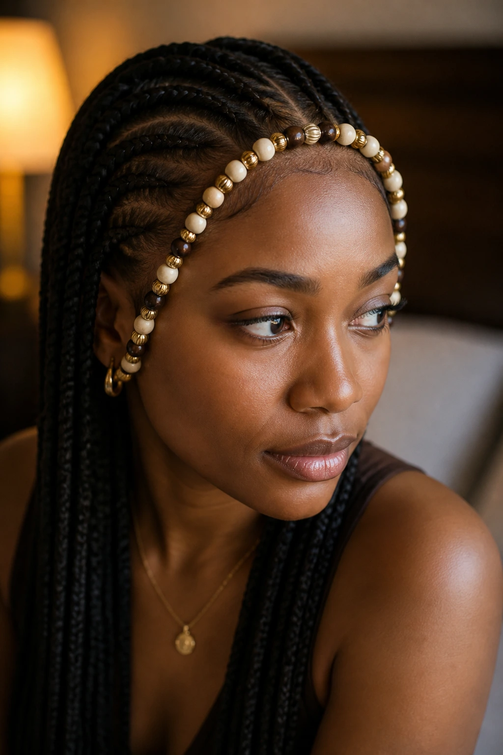 Close-up of a real person showing a refined bead row along the front of a beaded hairstyle