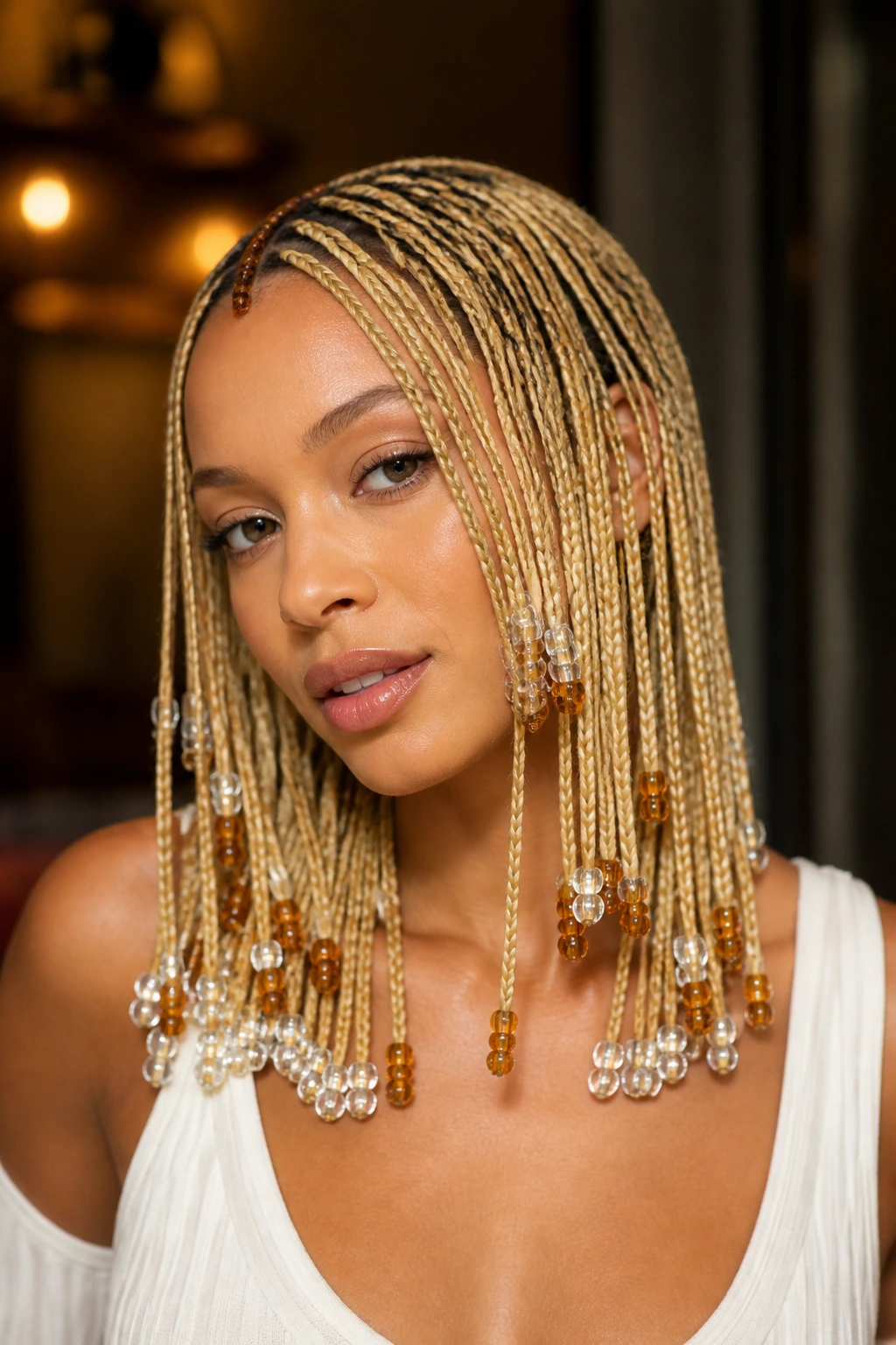 Close-up of blonde hair with various bead styles demonstrating variations