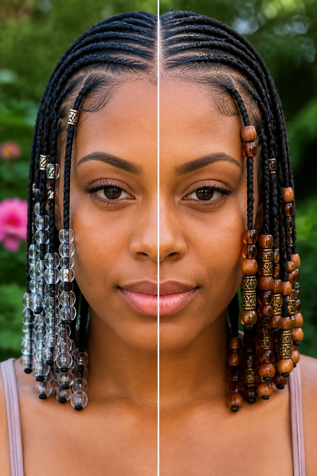 Split-screen portrait showing two beaded braid variations