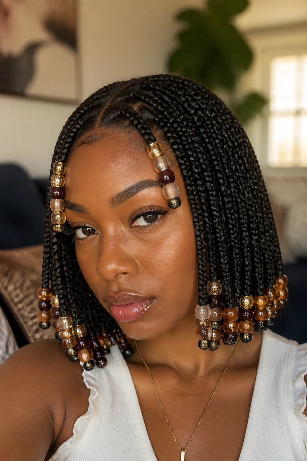 Close-up of beaded bob braids on a real woman in a cozy living room