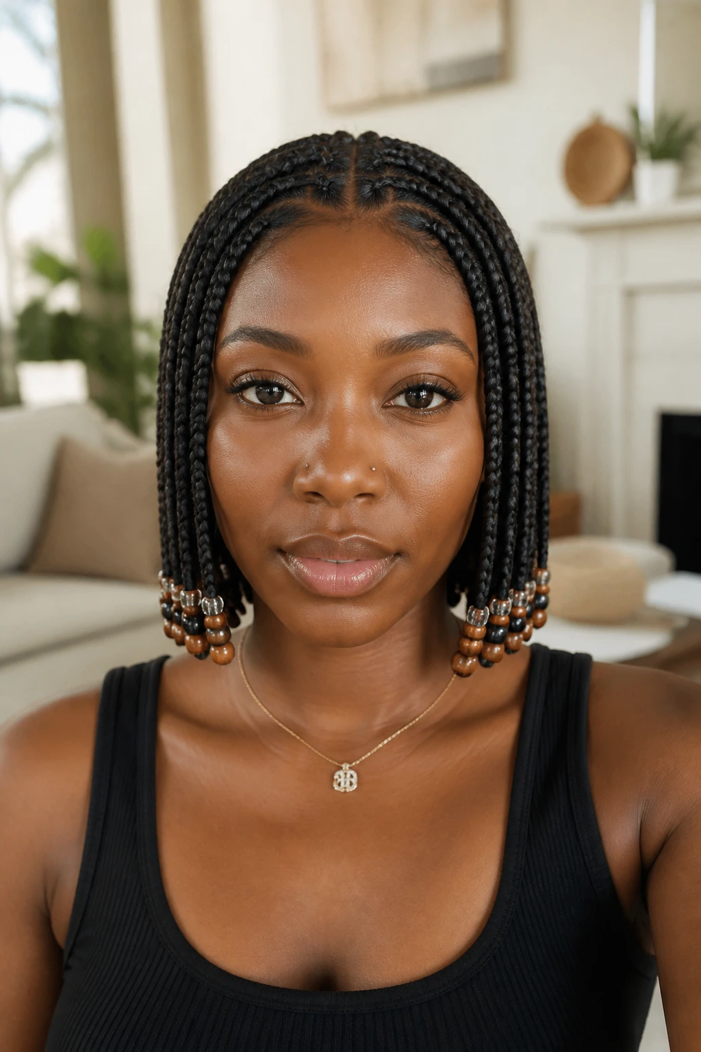 Front portrait of a real woman with bead-end bob-length cornrows
