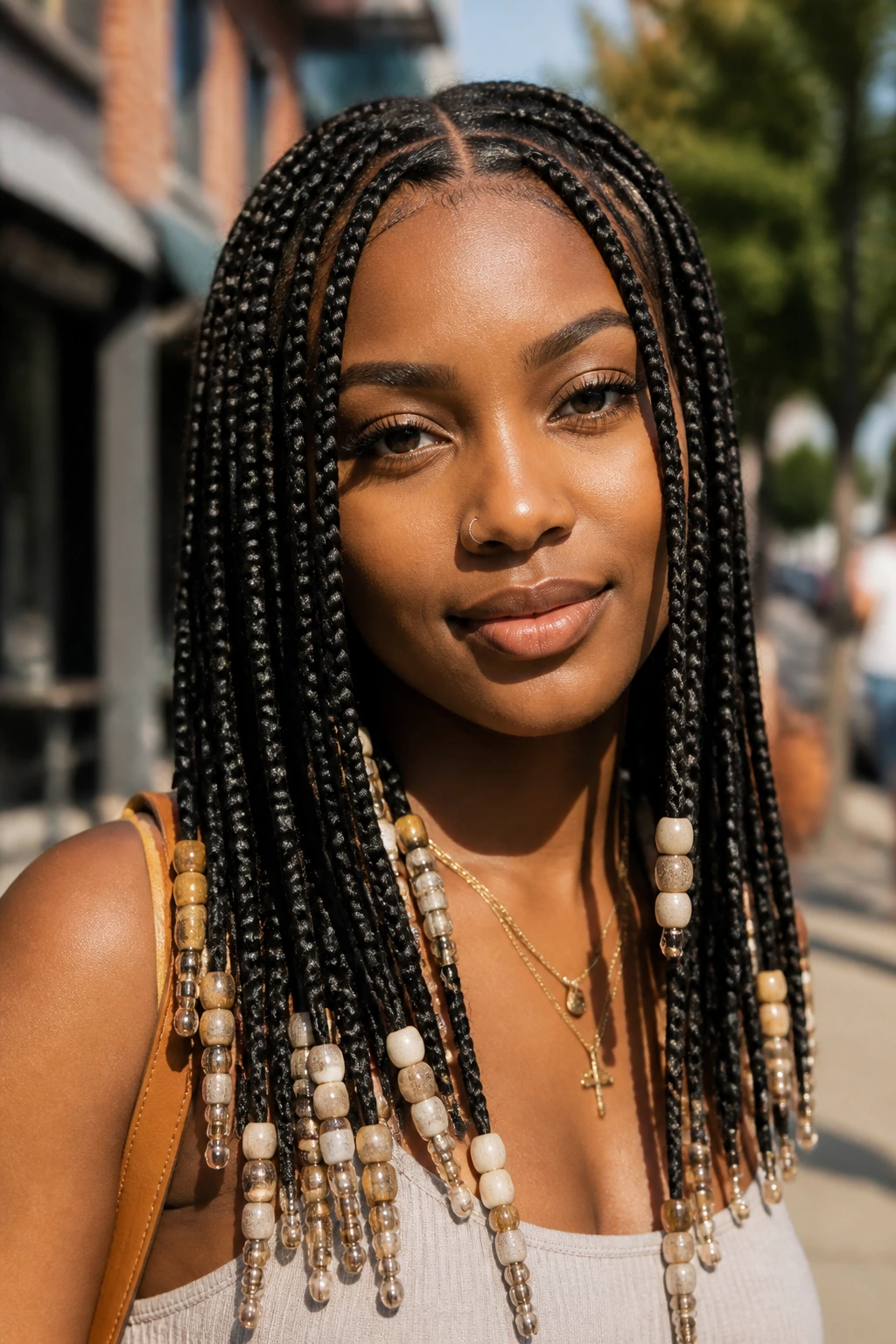 Close-up of a real woman with beaded box braids