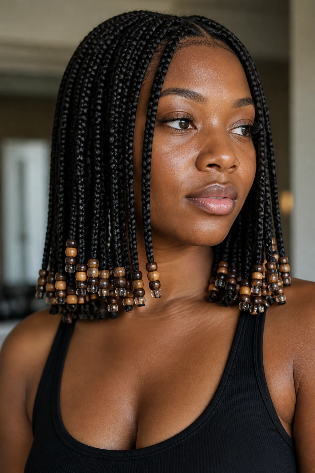Real woman with beaded box braids at medium length featuring blunt ends.