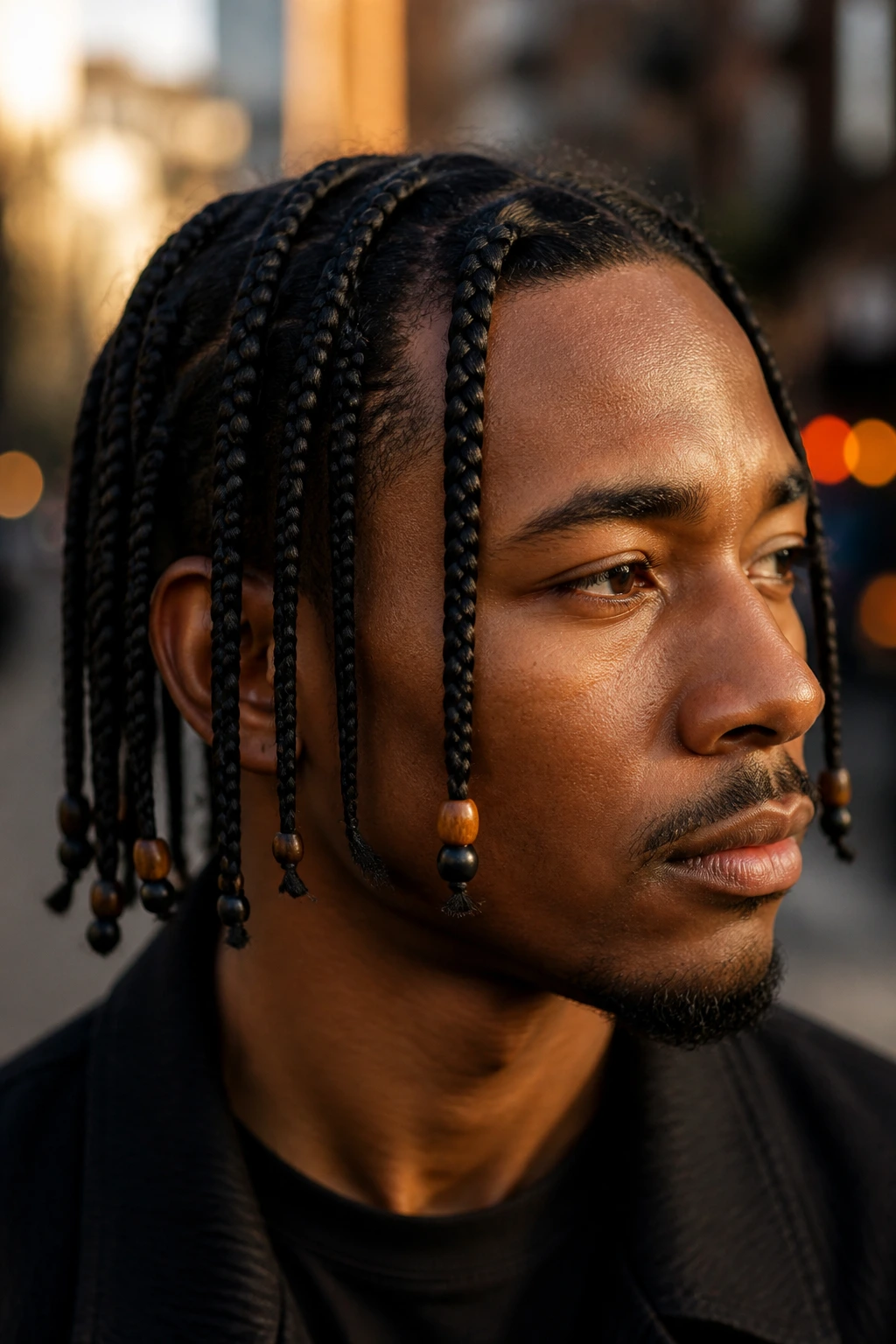 Close-up of beaded box braids on a real man with beads near the ends in an outdoor glow