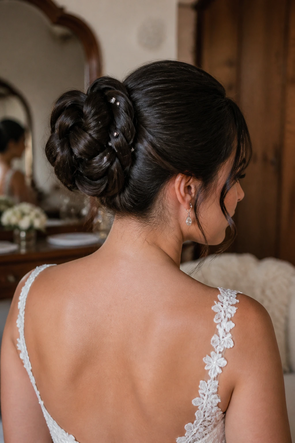 Close-up of a bride's beaded braided bun
