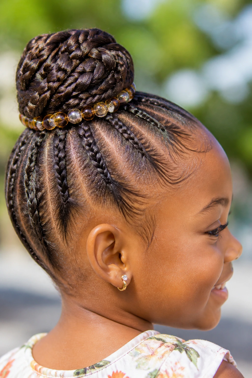 Close-up of a girl with a beaded braided bun