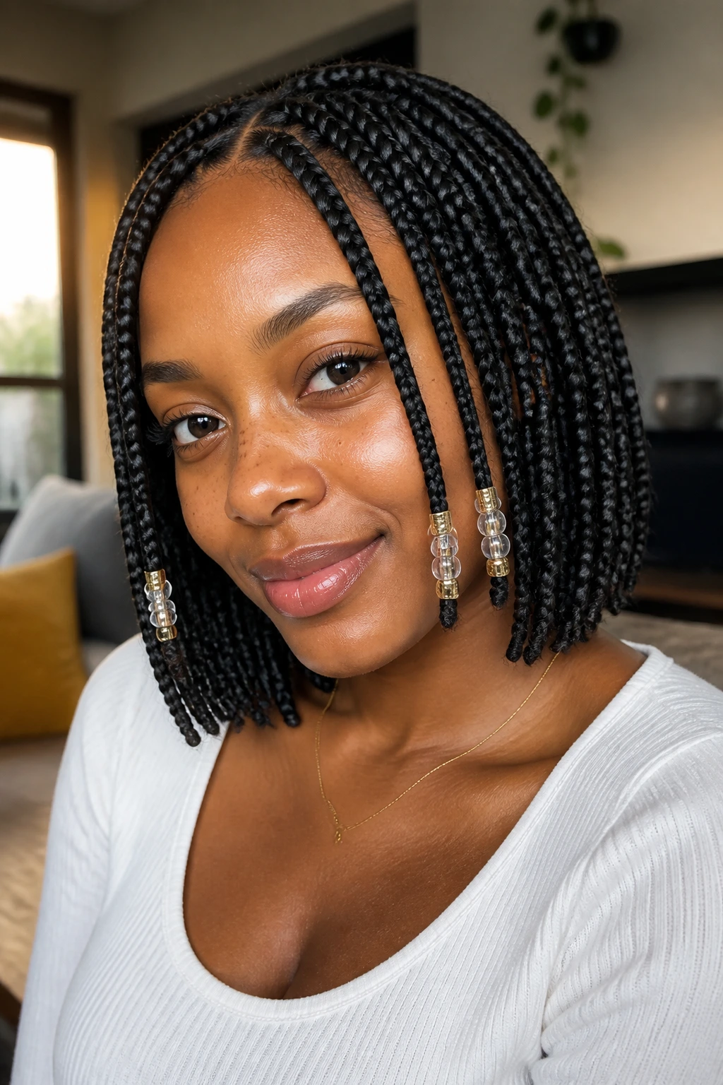 Close-up portrait of a real woman with beaded bob box braids at the ends