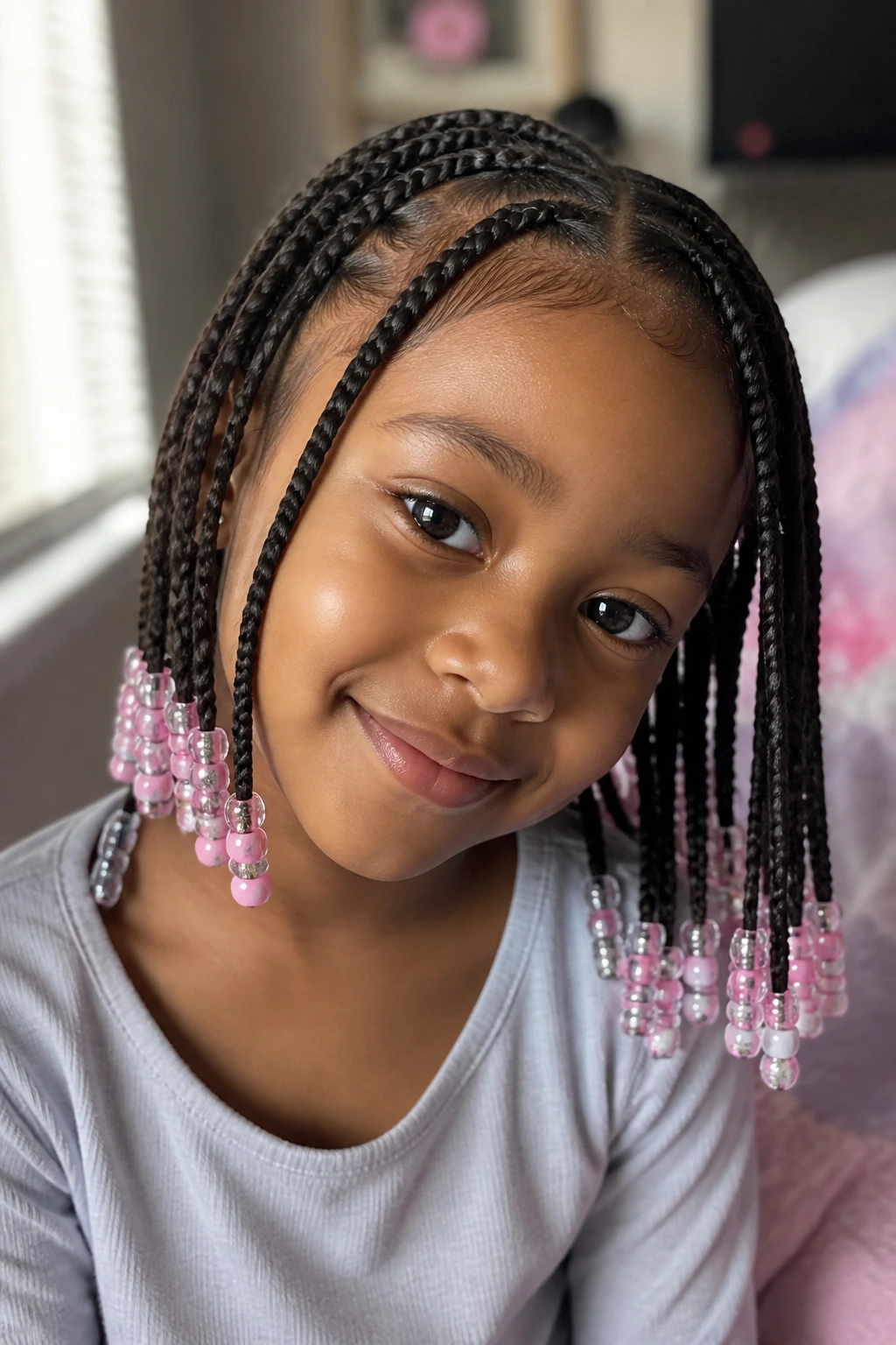 Close-up of a real child with beaded box braids under soft window light