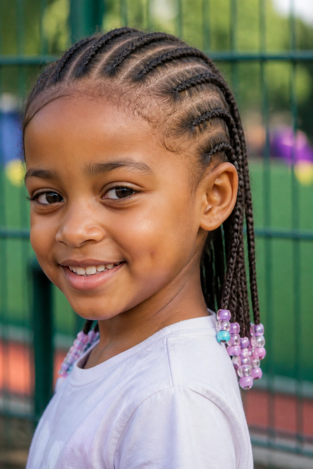 Close-up of a real child with beaded braids in a sunlit playground