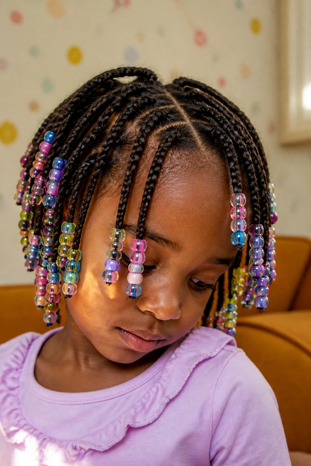 Close-up of a child with colorful beaded braids