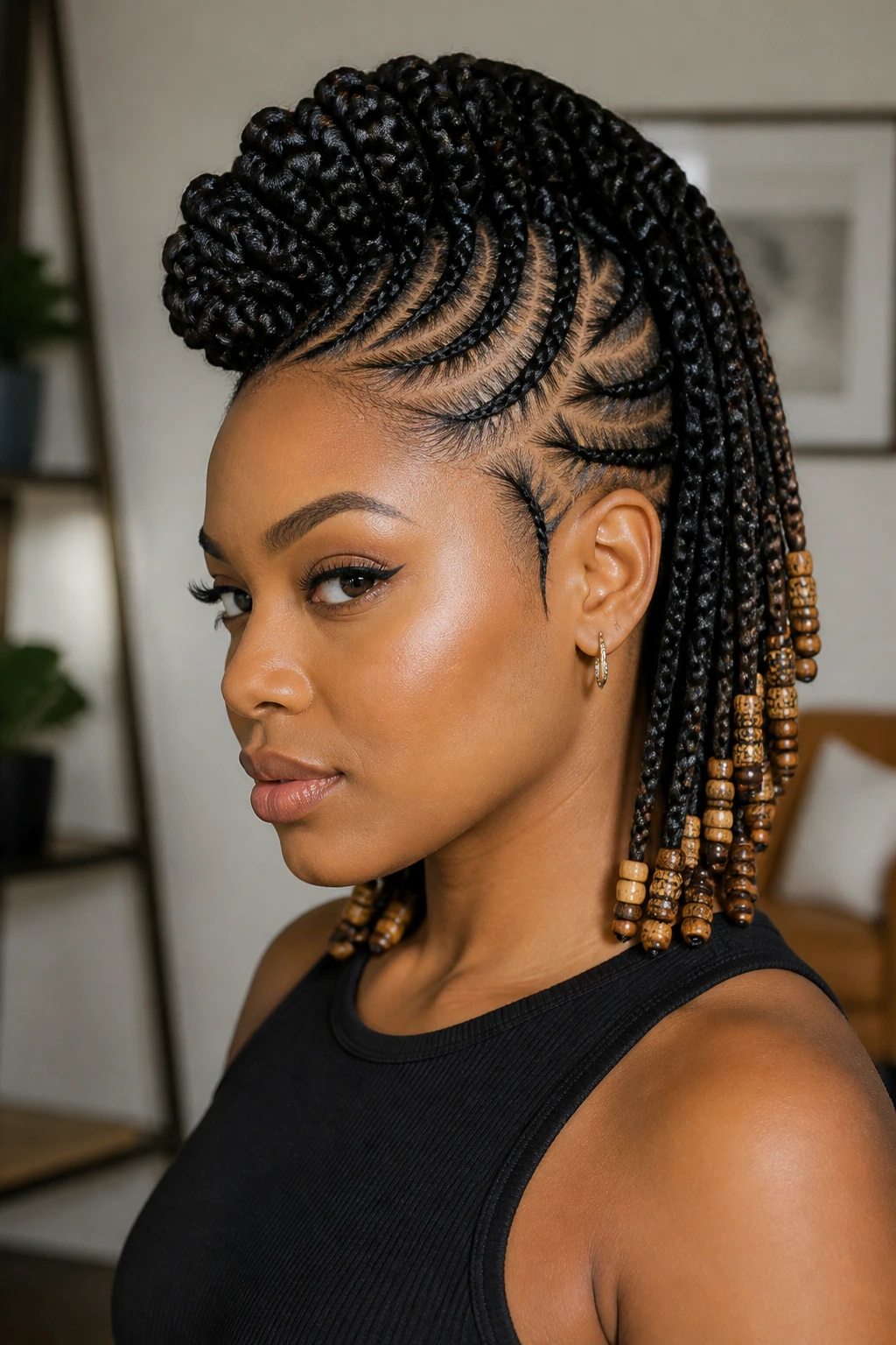 Close-up of a Beaded-End Braided Mohawk on a real person with bead-end braids and clean top ridge in warm light