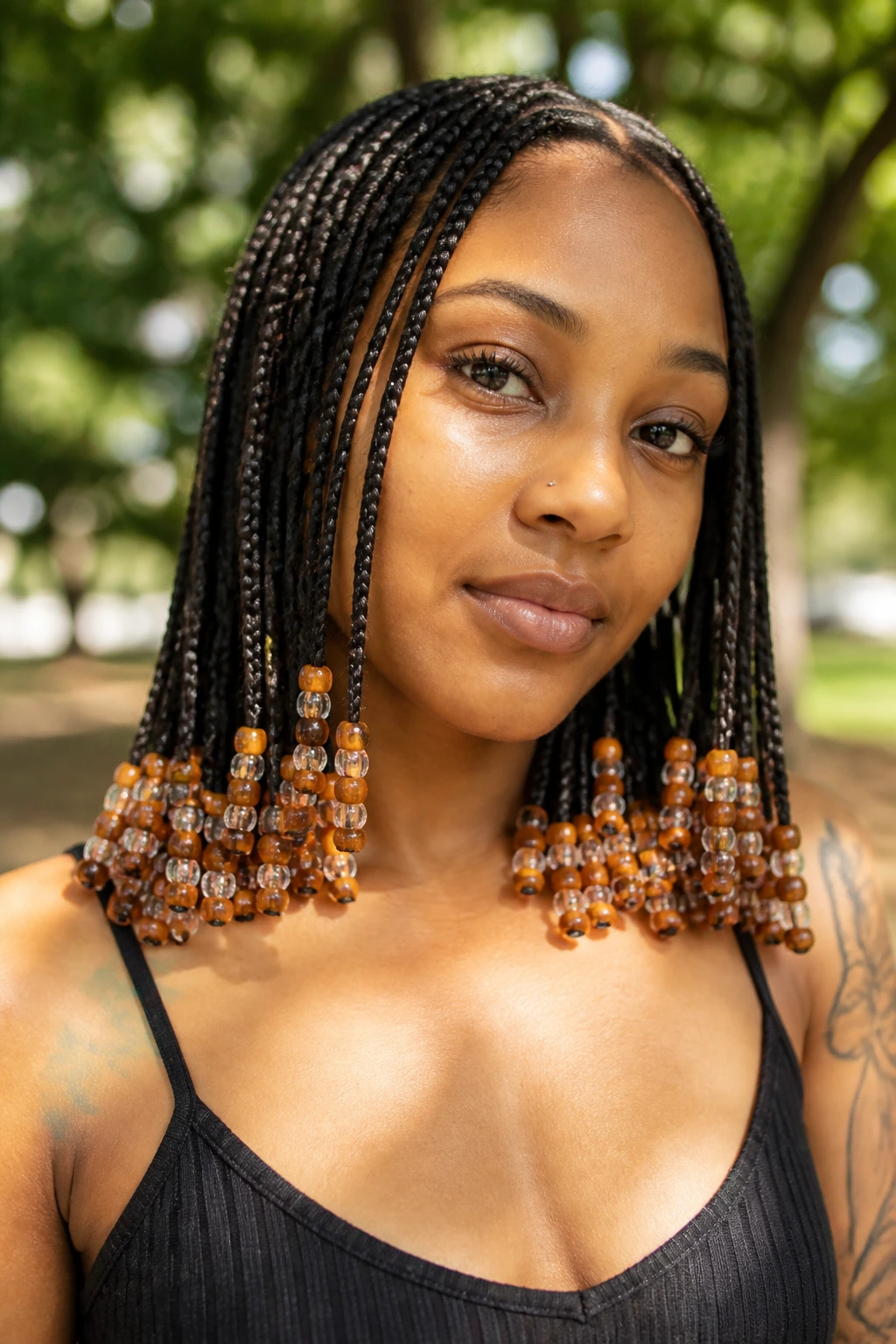 Portrait of a woman with beads at the ends of her braids outdoors