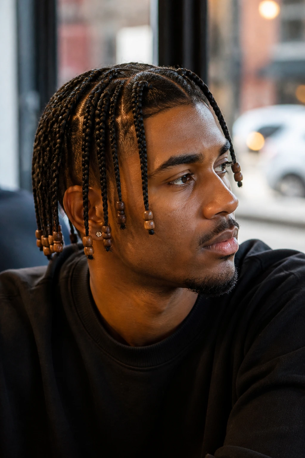 Man with beaded braids close-up portrait