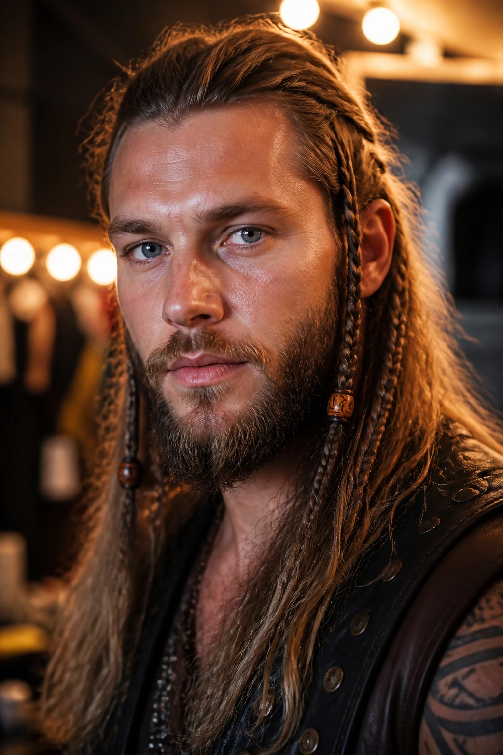 Close-up of a real man with beaded braids for stage and festival wear