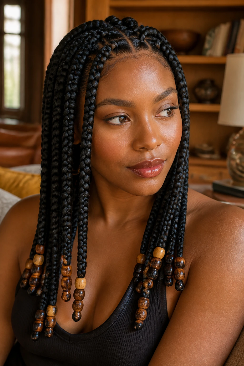 Close-up of a real woman with beaded-end jumbo box braids.