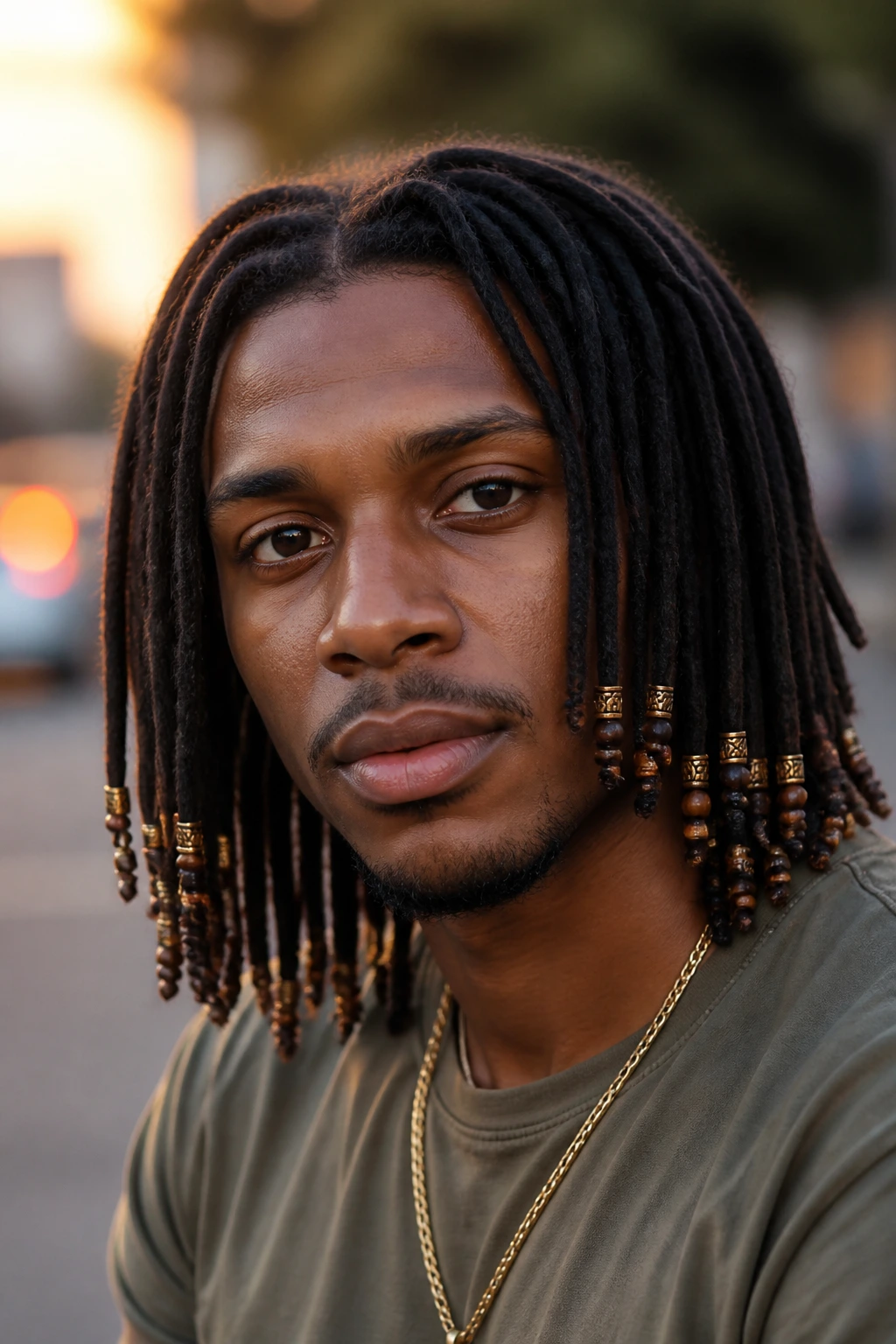 Real man with beaded-end locs featuring beads on the tips, portrait in warm street light